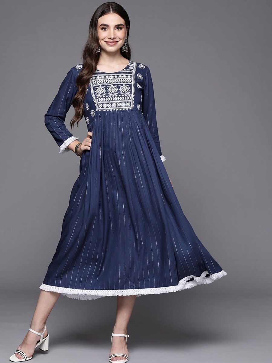 Women Indo Era | Women'S A-Line Midi Dress - Indo Era Blue