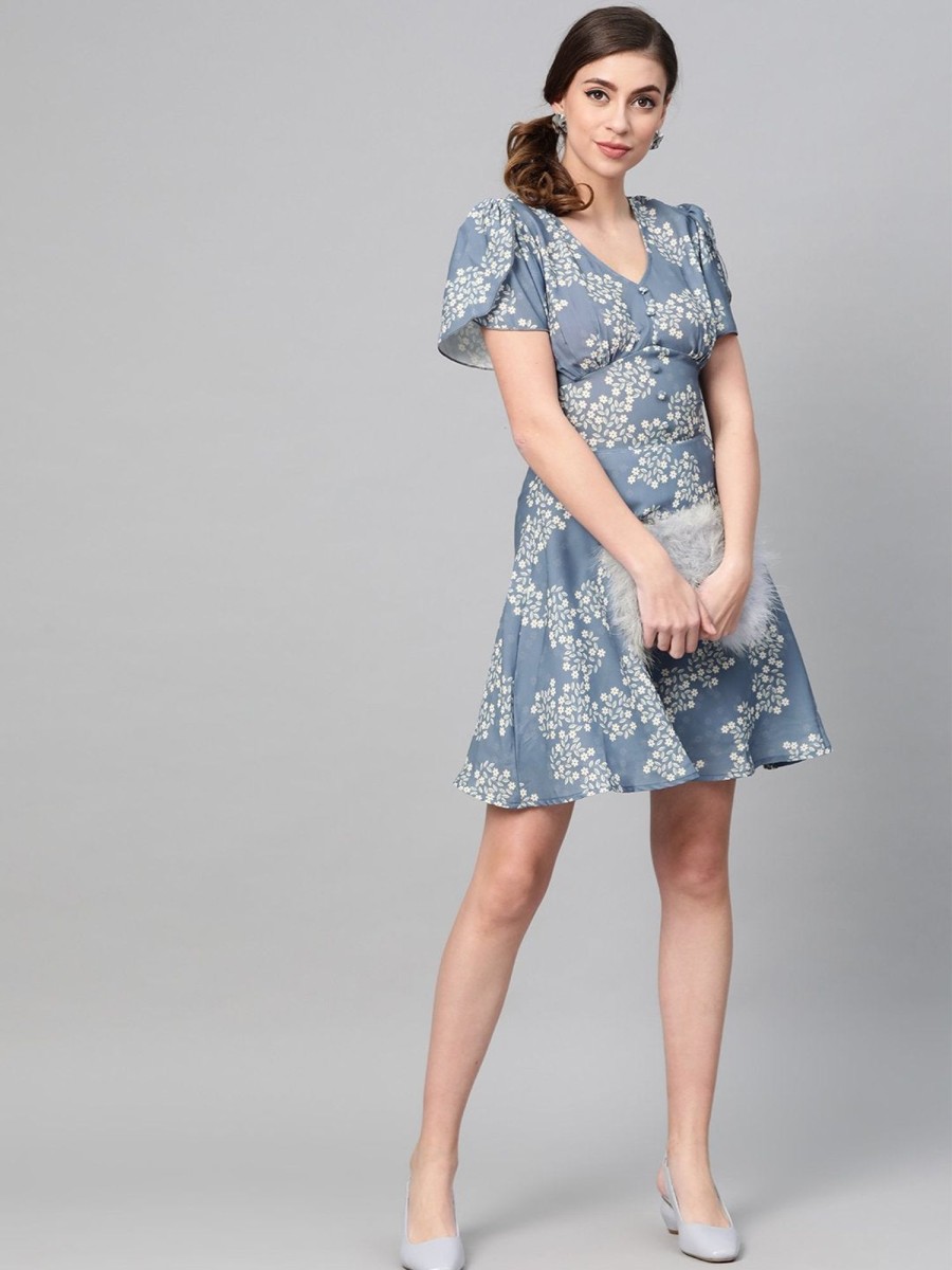 Women Final Clearance Sale | Women'S Dark Blue Floral Flared Skater Dress - Final Clearance Sale