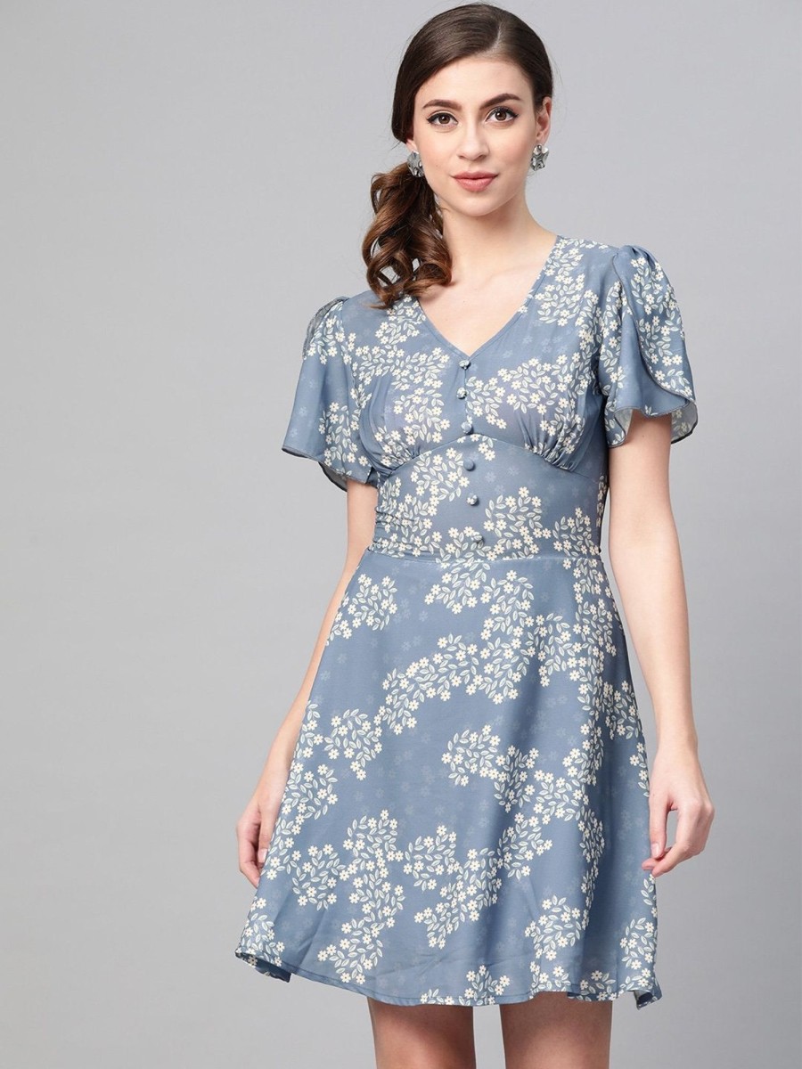 Women Final Clearance Sale | Women'S Dark Blue Floral Flared Skater Dress - Final Clearance Sale