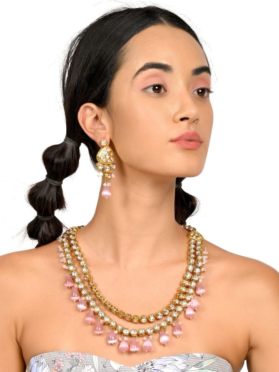 Jewellery Odette1 | Women'S Gorgeous Pink Kundan Work Necklace Set - Odette