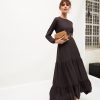 Women Lyush | Women'S Black Belted Tiered Maxi Dress - Lyush