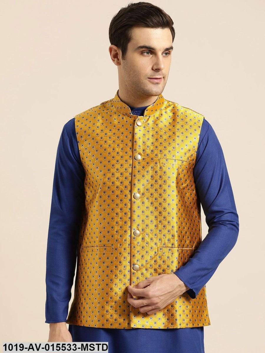 Men Sojanya | Men'S Silk Blend Mustard U0026 Multi Color Self Design Nehru Jacket - Sojanya