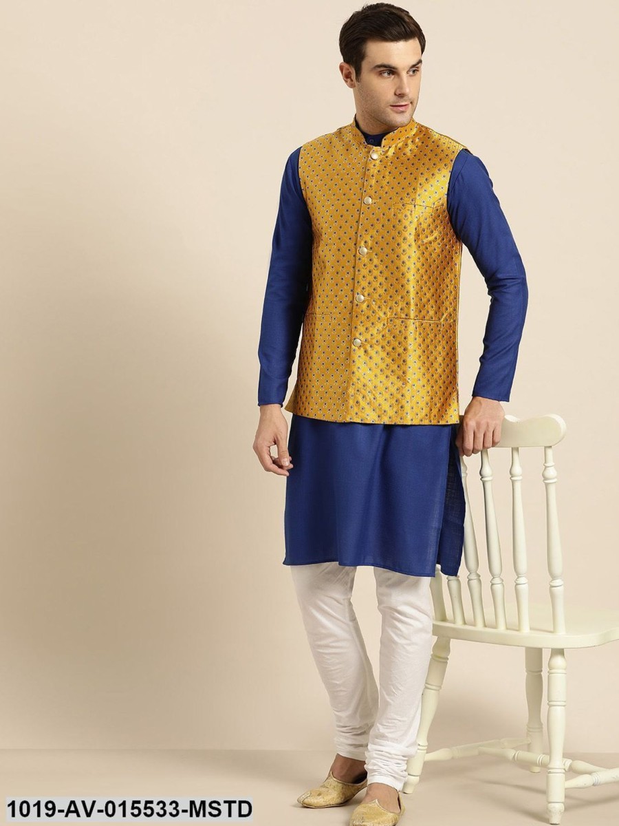 Men Sojanya | Men'S Silk Blend Mustard U0026 Multi Color Self Design Nehru Jacket - Sojanya