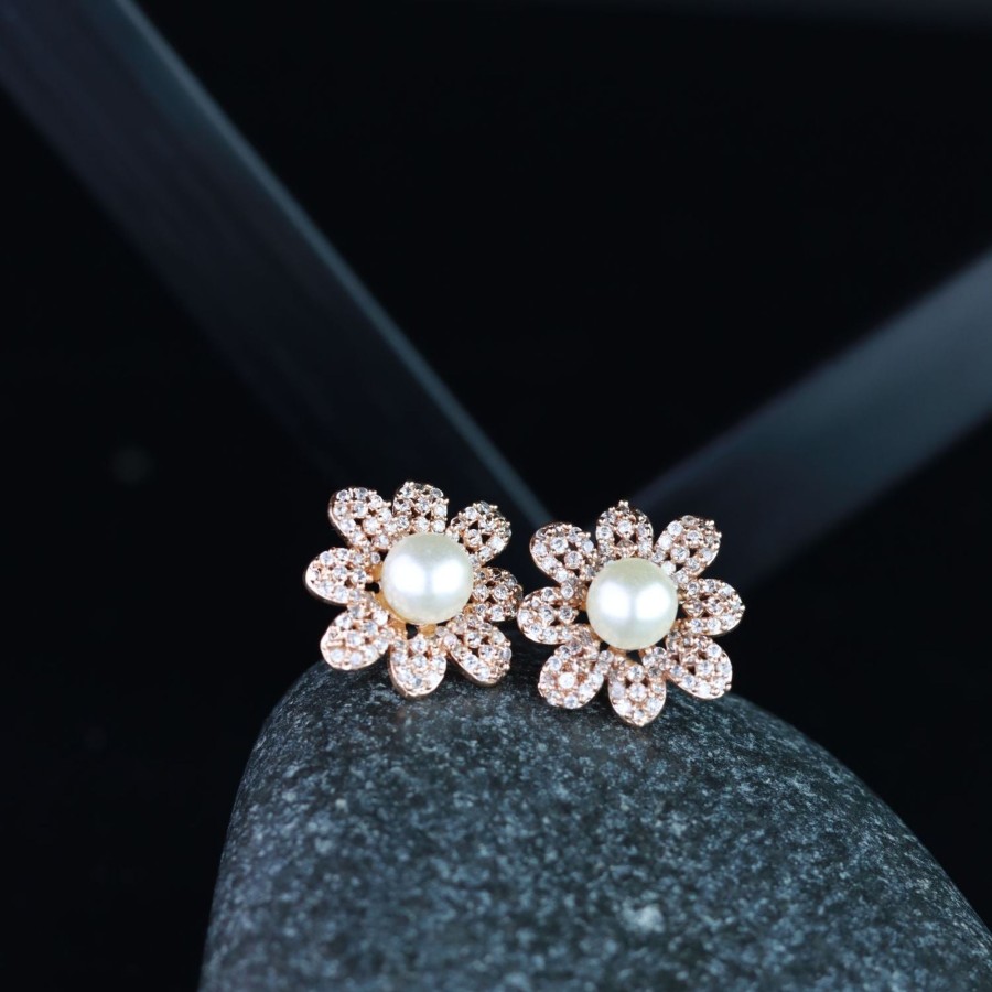 Jewellery I Jewels | Women'S I Jewels Valentine'S Special Rose Gold-Plated U0026 White Floral Studs Earrings (E2974) - I Jewels Pink