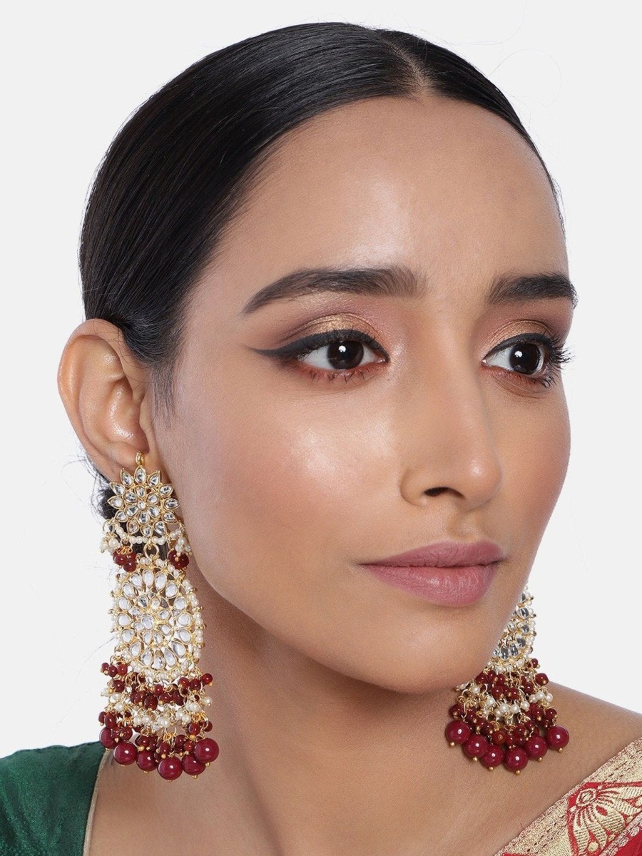 Jewellery I Jewels | Women'S Gold Plated Drop Earrings Glided With Kundans U0026 Pearls - I Jewels Maroon