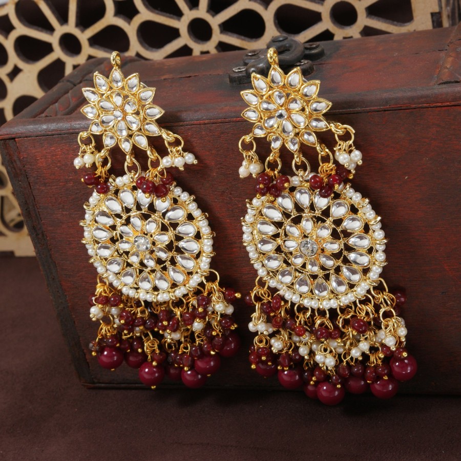 Jewellery I Jewels | Women'S Gold Plated Drop Earrings Glided With Kundans U0026 Pearls - I Jewels Maroon