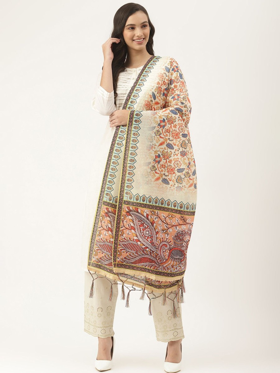 Women VAABA | Women'S Color Cotton Blend Sequence Checks Printed Dupatta - Vaaba Cream