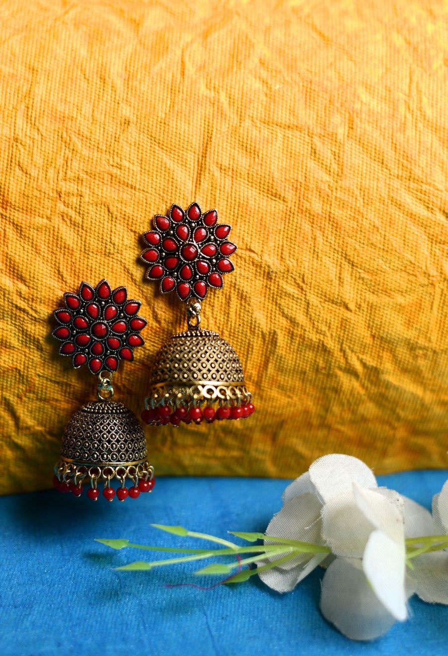 Jewellery Tehzeeb | Women'S Golden Colour Earrings With Red Pearl - Tehzeeb