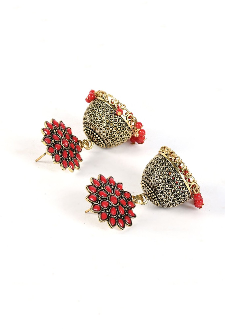 Jewellery Tehzeeb | Women'S Golden Colour Earrings With Red Pearl - Tehzeeb