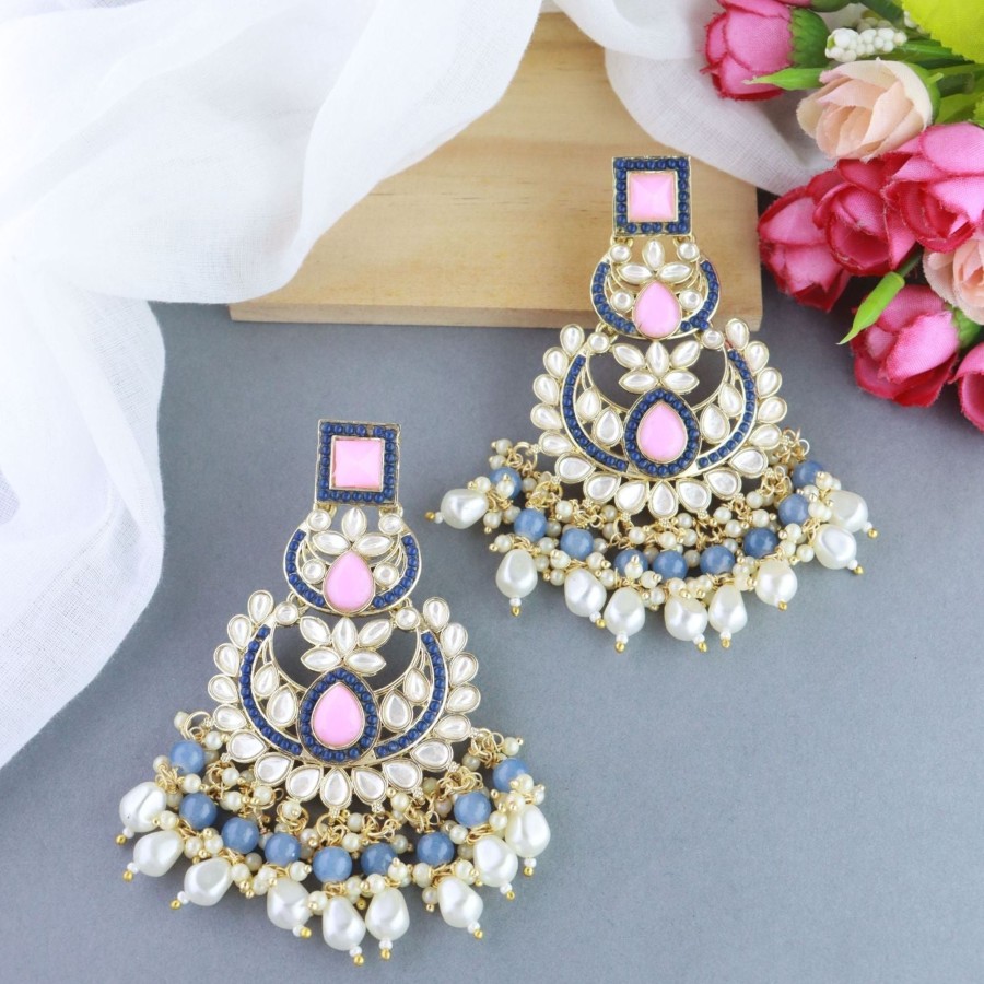 Jewellery I Jewels | Women'S 18K Gold Plated Traditional Handcrafted Pearl Kundan Beaded Earrings (E3021Pemt) - I Jewels Multi Color