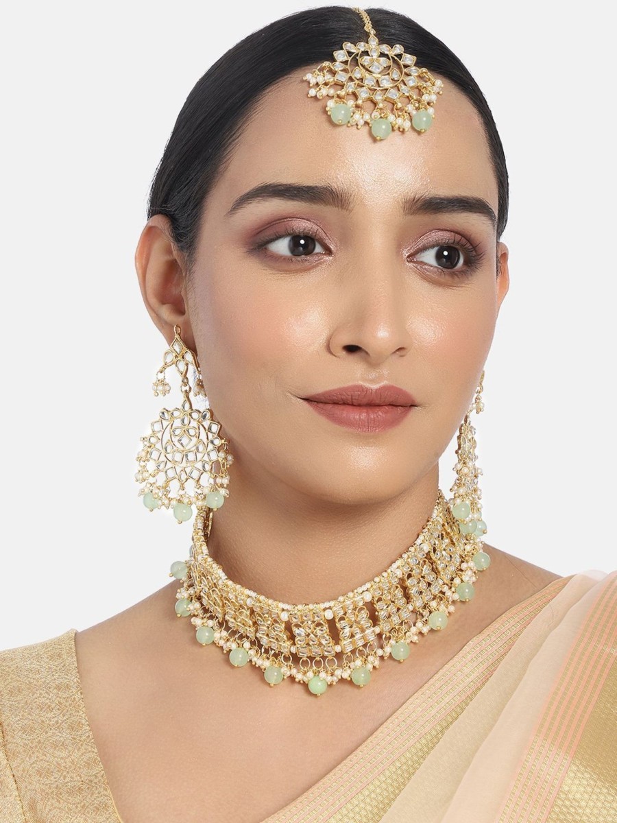 Jewellery I Jewels | Women'S Gold Plated Kundan U0026 Pearl Studded Choker Necklace Set With Earrings U0026 Maang Tikka - I Jewels Mint