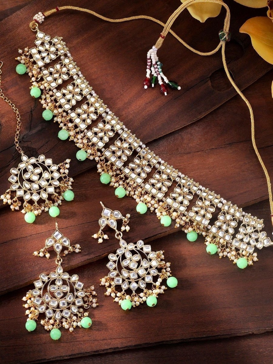 Jewellery I Jewels | Women'S Gold Plated Kundan U0026 Pearl Studded Choker Necklace Set With Earrings U0026 Maang Tikka - I Jewels Mint