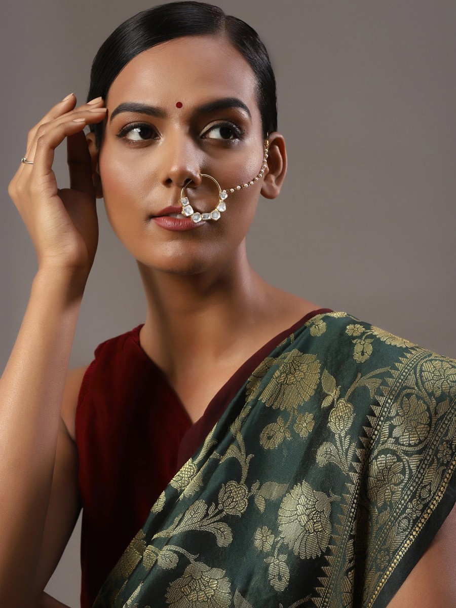 Jewellery Ruby Raang | Kundan Stone Nose Ring With Chain By Ruby Raang