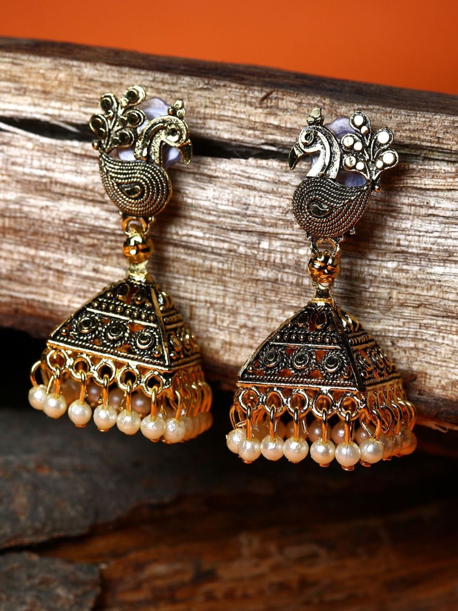 Jewellery Anikas Creation | Women'S Gold Plated Peacock Shaped Enamelled Jhumkas - Anikas Creation Black