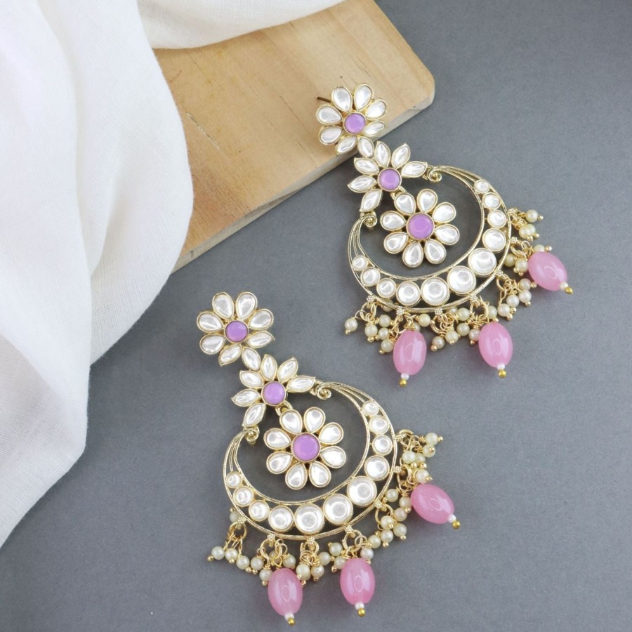 Jewellery I Jewels | Women'S 18K Gold Plated Traditional Handcrafted Pearl Kundan Beaded Earrings (E3023Pi) - I Jewels Pink