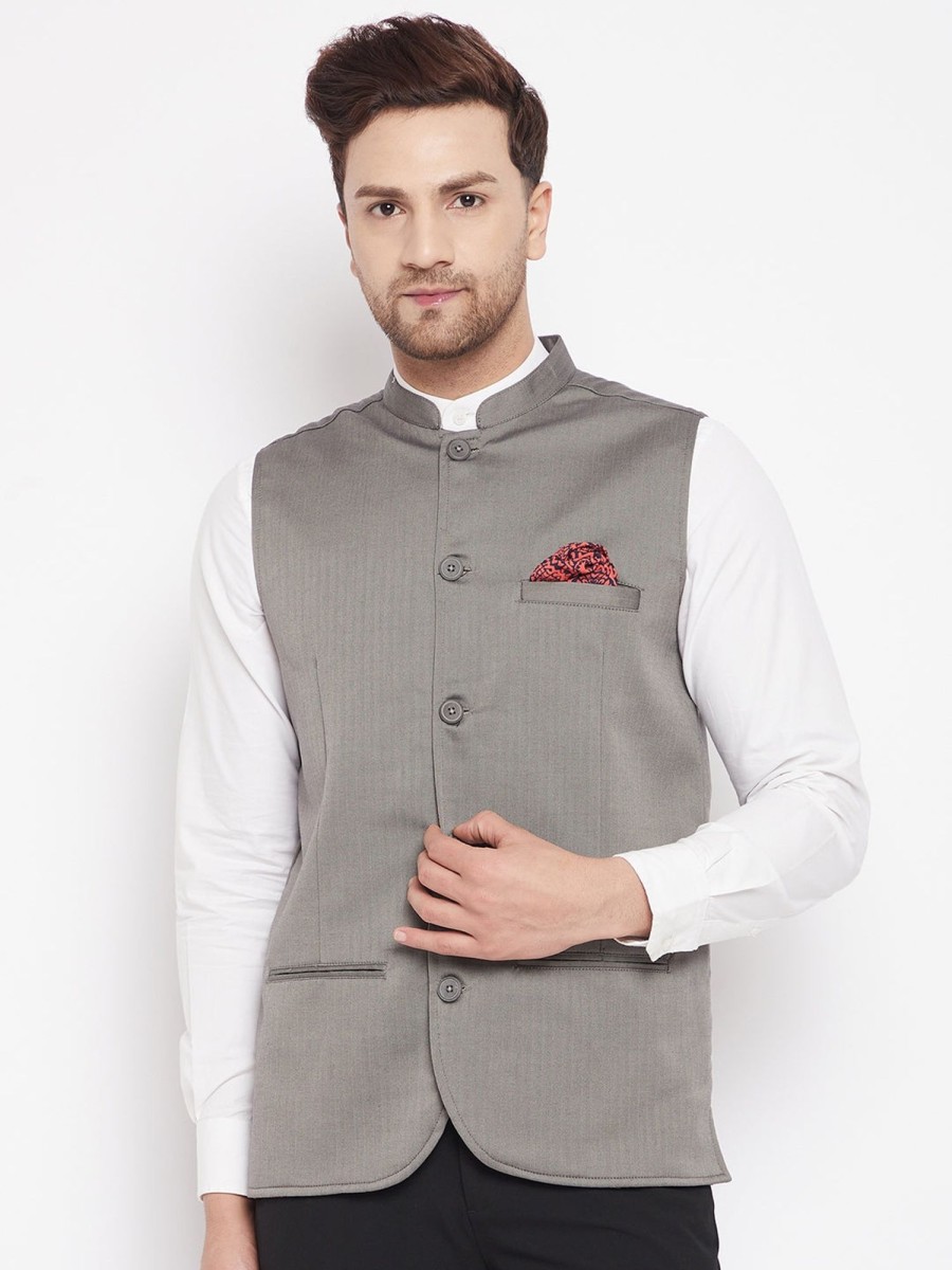 Men Even Apparels | Men'S Grey Color Nehru Jacket-Contrast Lining-Inbuilt Pocket Square - Even Apparels