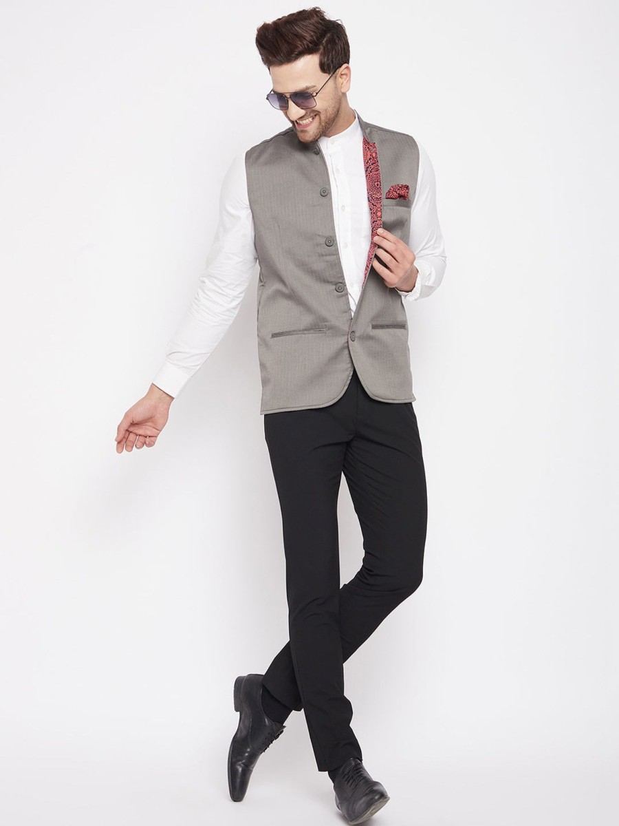 Men Even Apparels | Men'S Grey Color Nehru Jacket-Contrast Lining-Inbuilt Pocket Square - Even Apparels