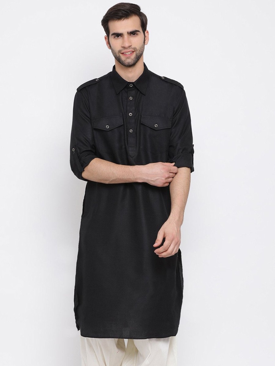 Men Vastramay | Men'S Black Cotton Blend Pathani Style Kurta - Vastramay