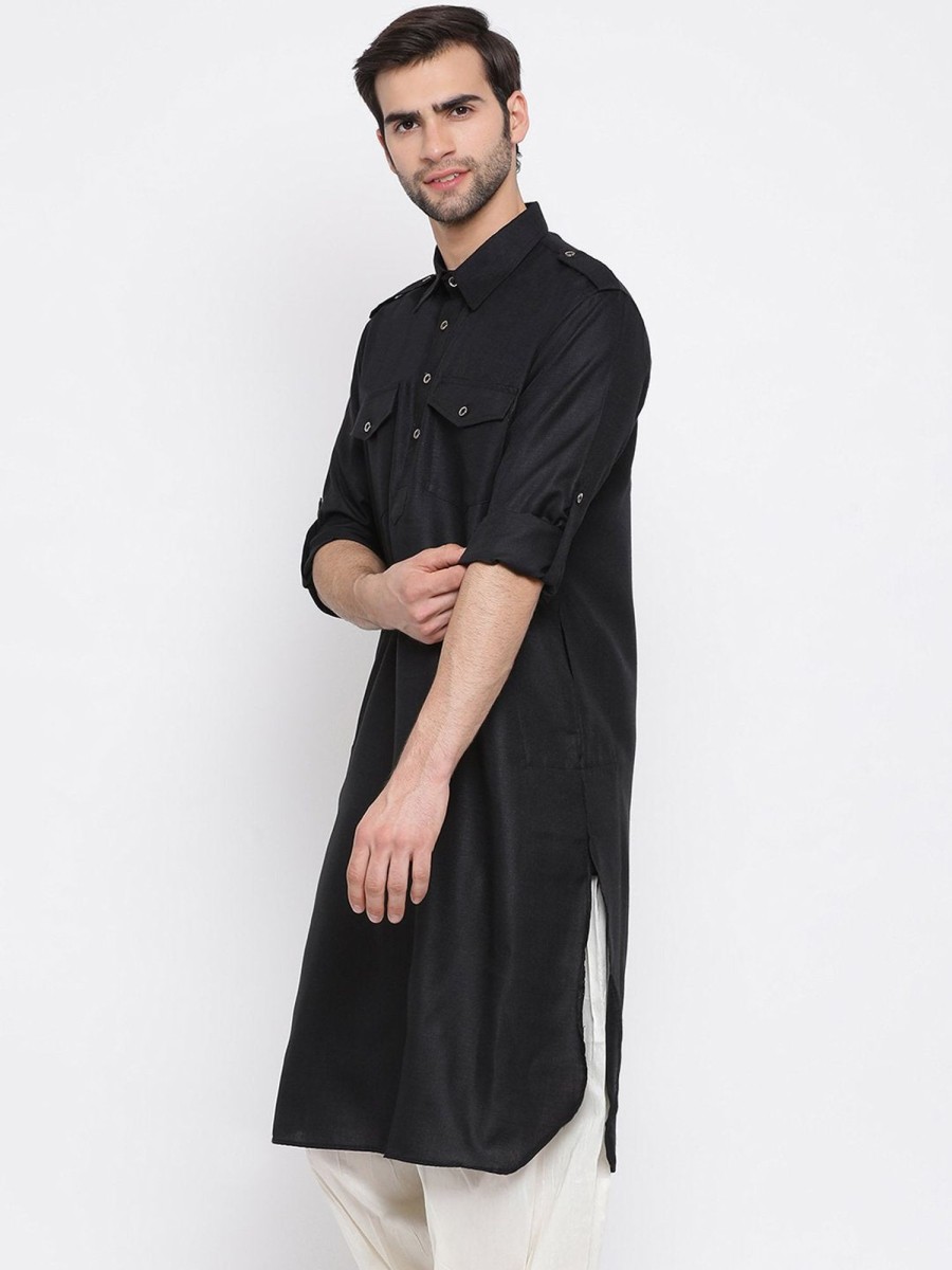 Men Vastramay | Men'S Black Cotton Blend Pathani Style Kurta - Vastramay