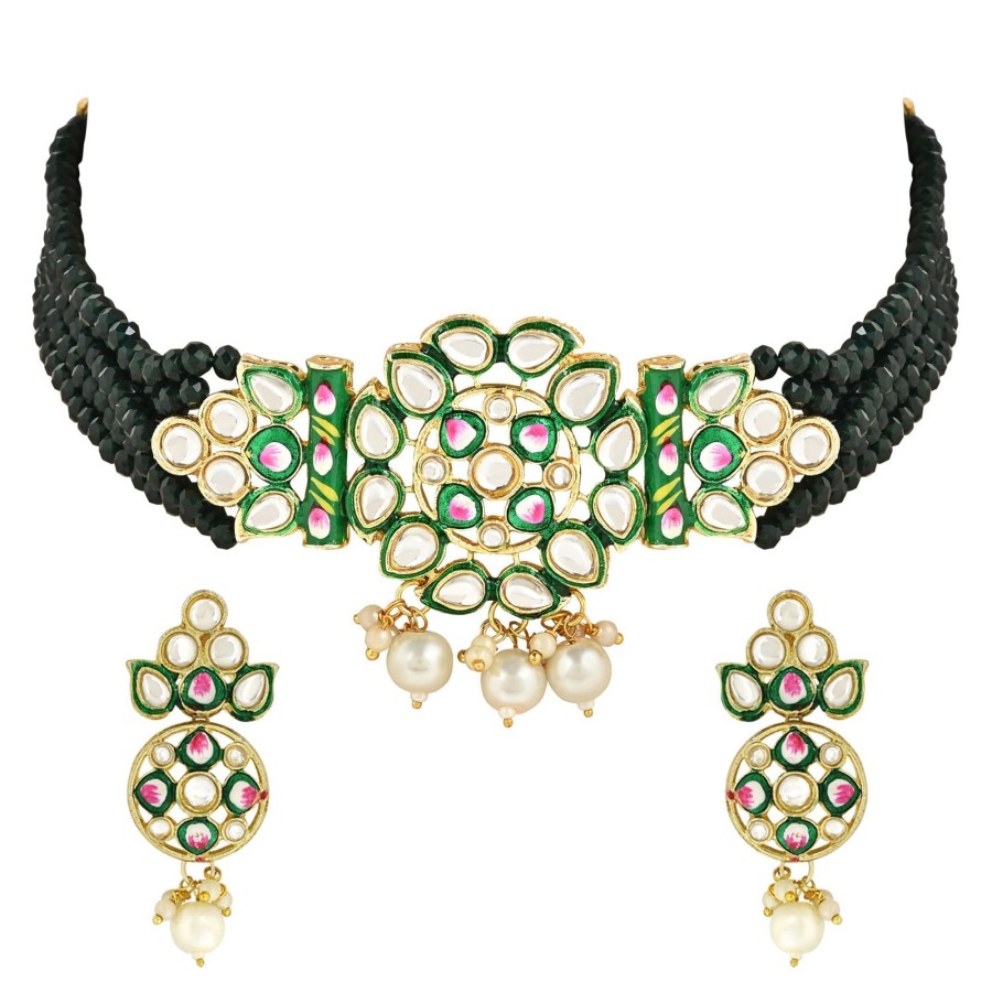 Jewellery I Jewels | Women'S Gold Plated Traditional Pearl Kundan Studded Meenakari Choker Necklace With Earring Set - I Jewels Green