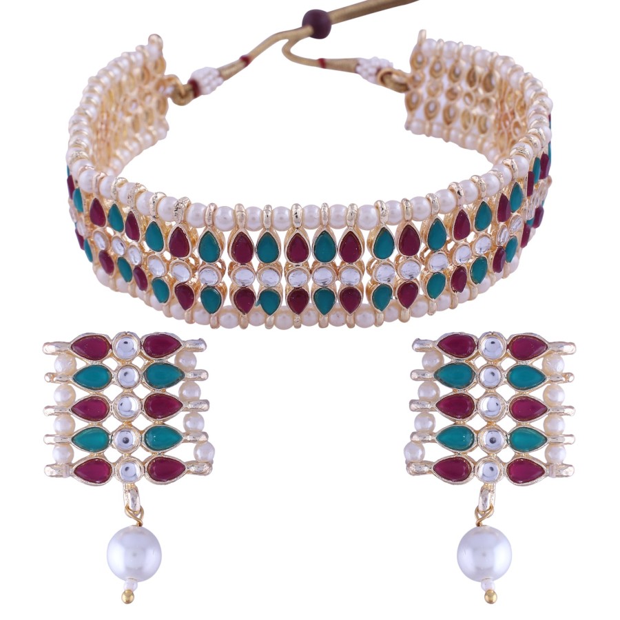 Jewellery I Jewels | Women'S 18K Gold Plated Traditional Peach Pearl U0026 Kundan Studded Choker Necklace Jewellery Set - I Jewels Green