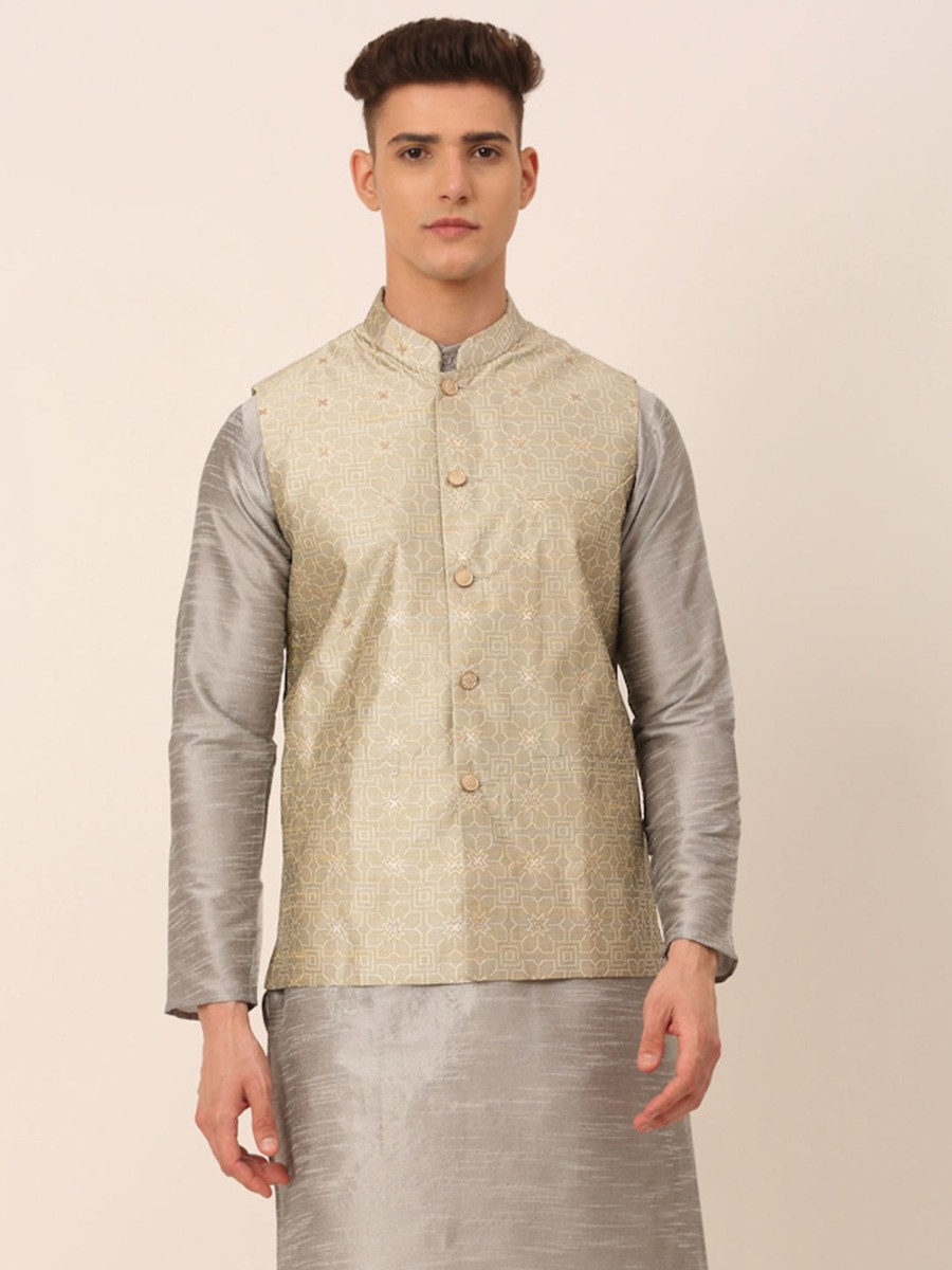 Men Virat Fashions | Men'S Beige U0026 Golden Woven Design Nehru Jackets ( Jowc 4045 Beige ) - Virat Fashions