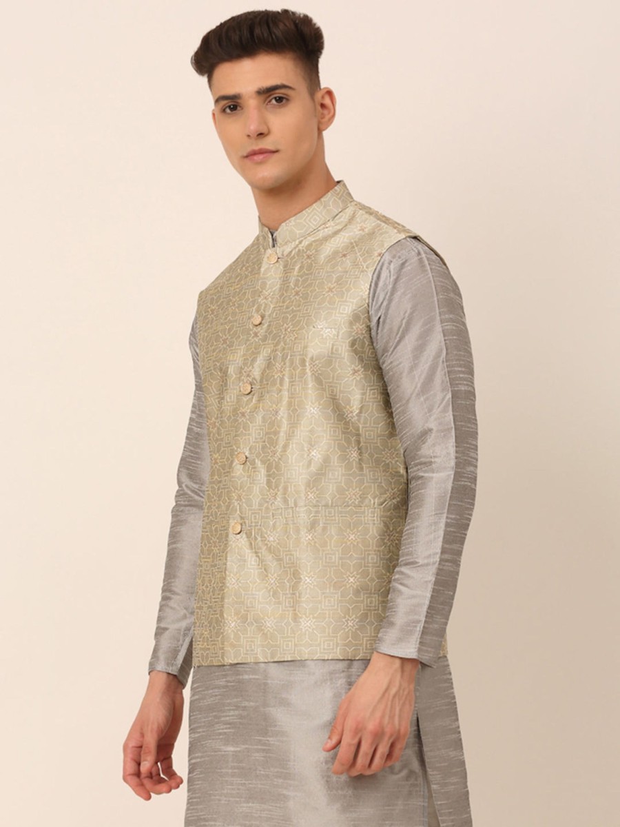 Men Virat Fashions | Men'S Beige U0026 Golden Woven Design Nehru Jackets ( Jowc 4045 Beige ) - Virat Fashions