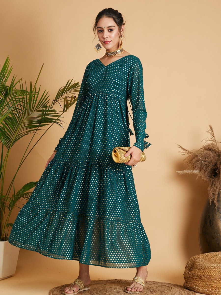 Women Lyush | Women'S Emerald Dot Foil Print Tiered Maxi Dress - Lyush