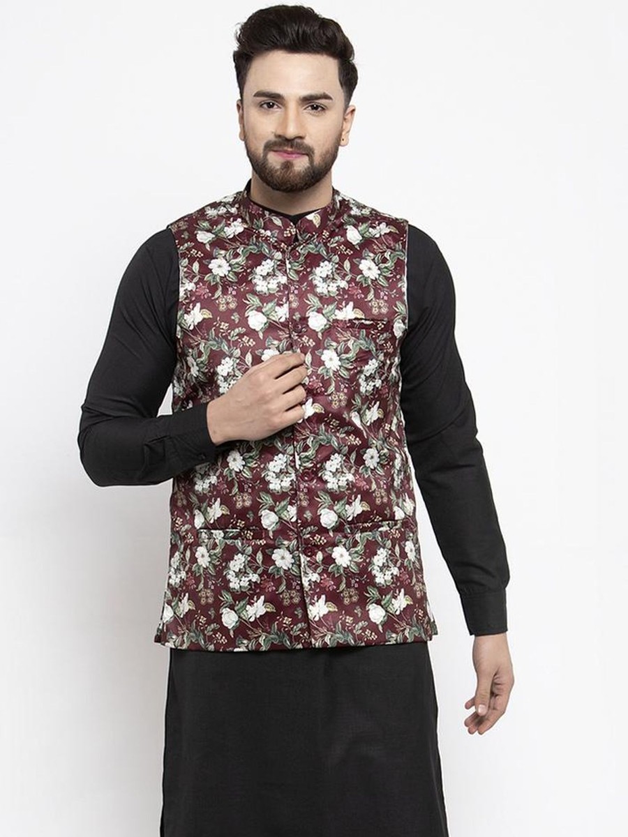 Men Virat Fashions | Men'S Maroon Printed Satin Nehru Jacket ( Jowc 4007 Maroon) - Virat Fashions