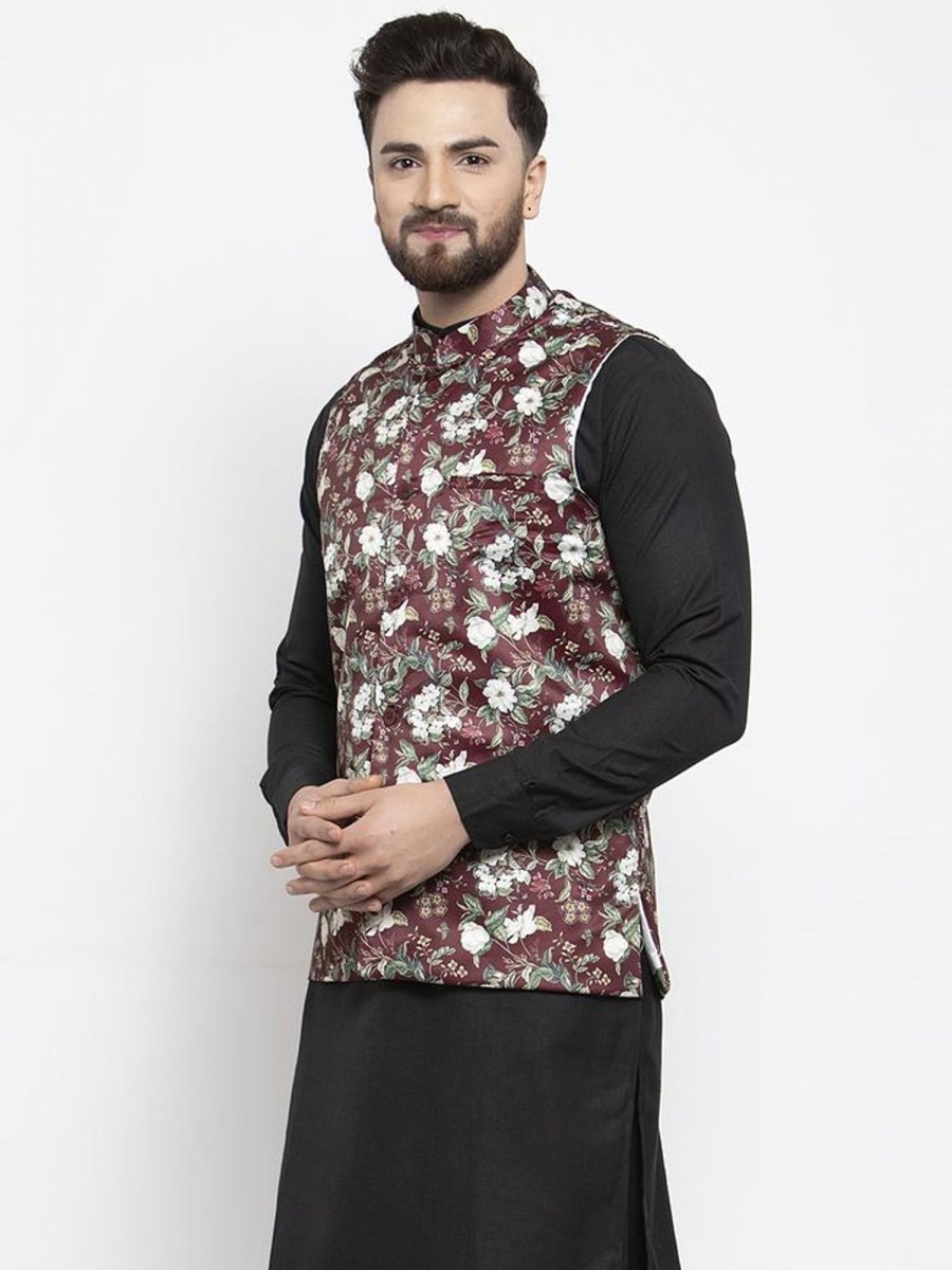 Men Virat Fashions | Men'S Maroon Printed Satin Nehru Jacket ( Jowc 4007 Maroon) - Virat Fashions