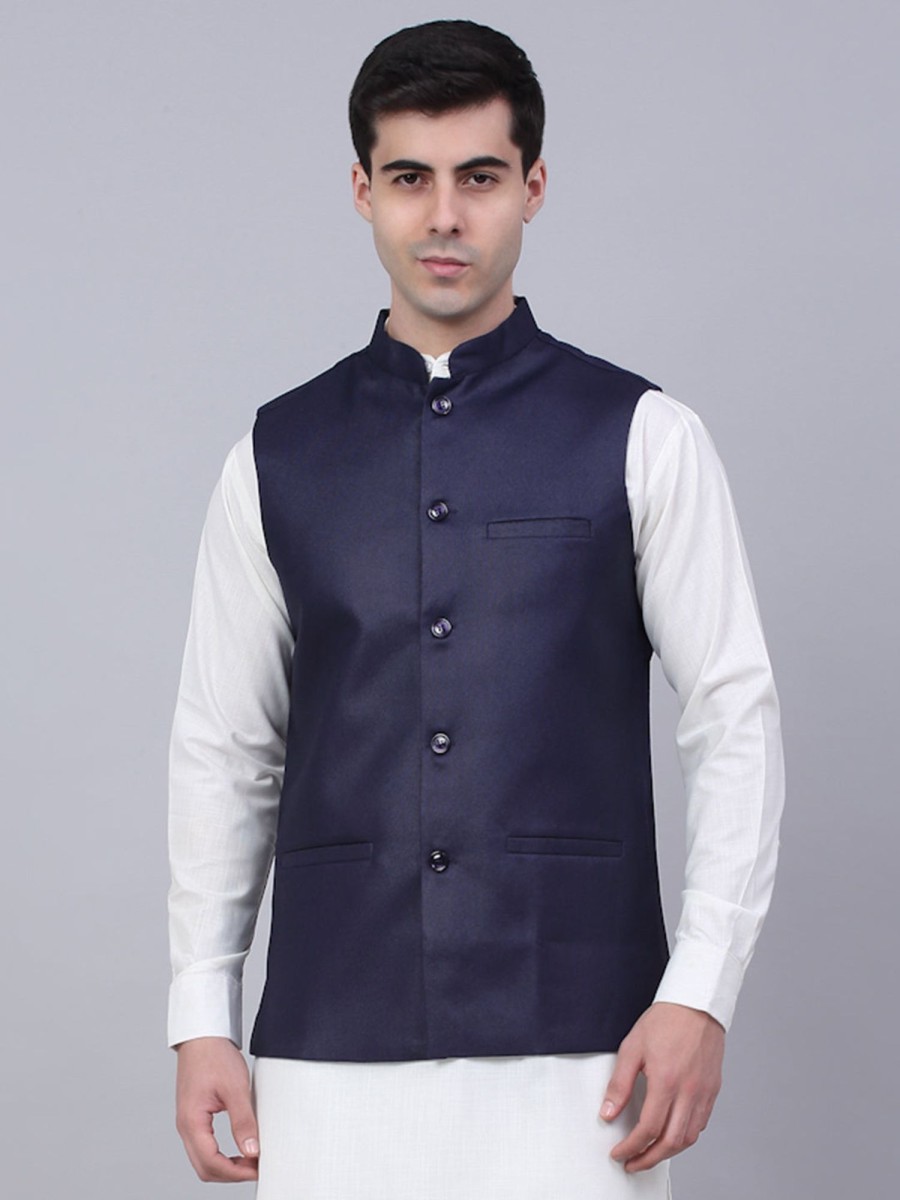 Men Virat Fashions | Men'S Navy Blue Solid Woven Sleeveless Nehru Jackets ( Jowc 4046 Navy ) - Virat Fashions