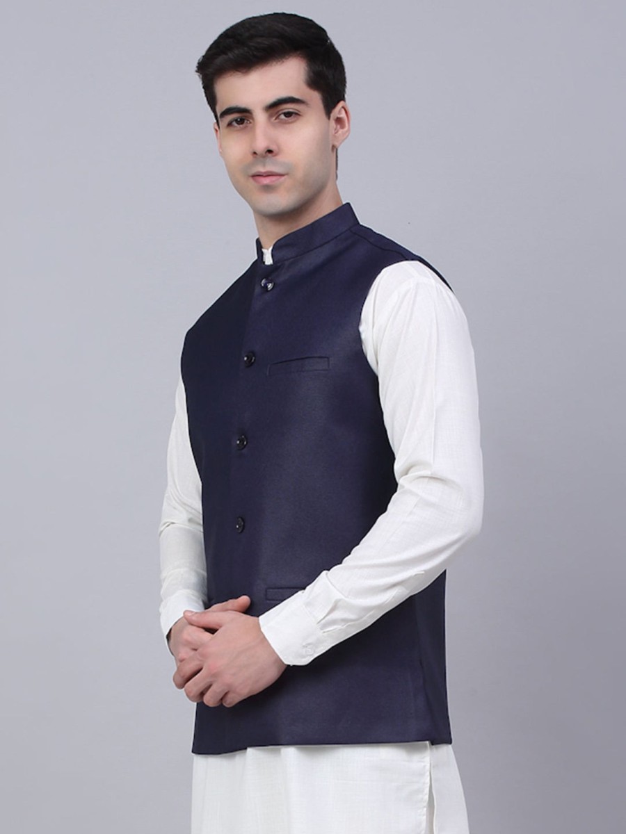 Men Virat Fashions | Men'S Navy Blue Solid Woven Sleeveless Nehru Jackets ( Jowc 4046 Navy ) - Virat Fashions