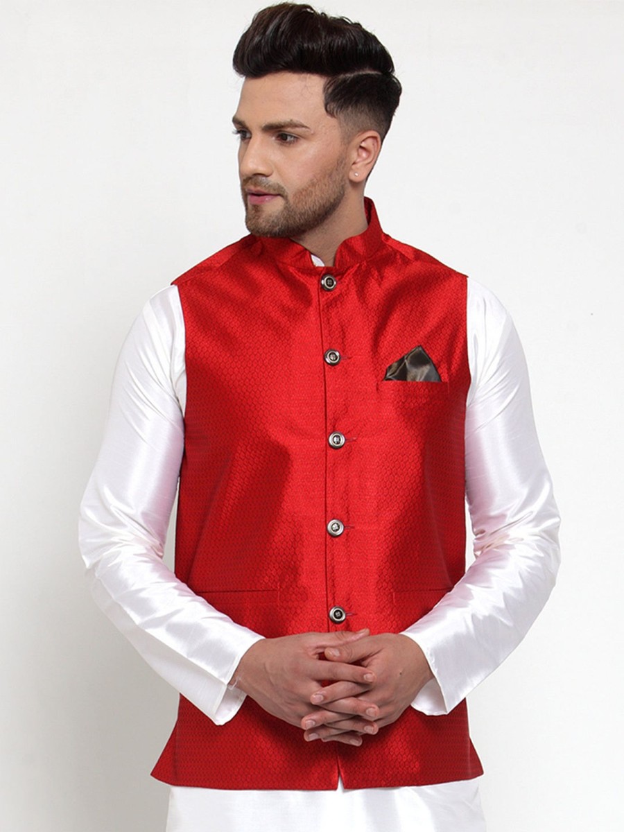 Men Virat Fashions | Men'S Maroon Woven Jacquard Nehru Jacket ( Jowc 4017Maroon ) - Virat Fashions