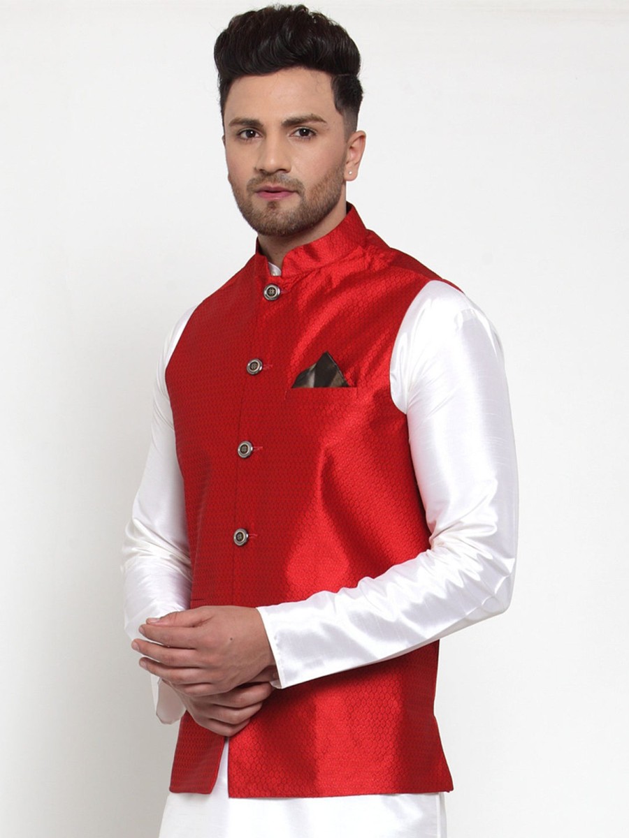 Men Virat Fashions | Men'S Maroon Woven Jacquard Nehru Jacket ( Jowc 4017Maroon ) - Virat Fashions