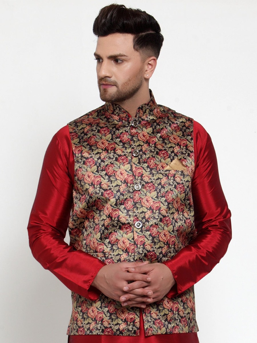 Men Virat Fashions | Men'S Black Printed Nehru Jacket ( Jowc 4014Black ) - Virat Fashions