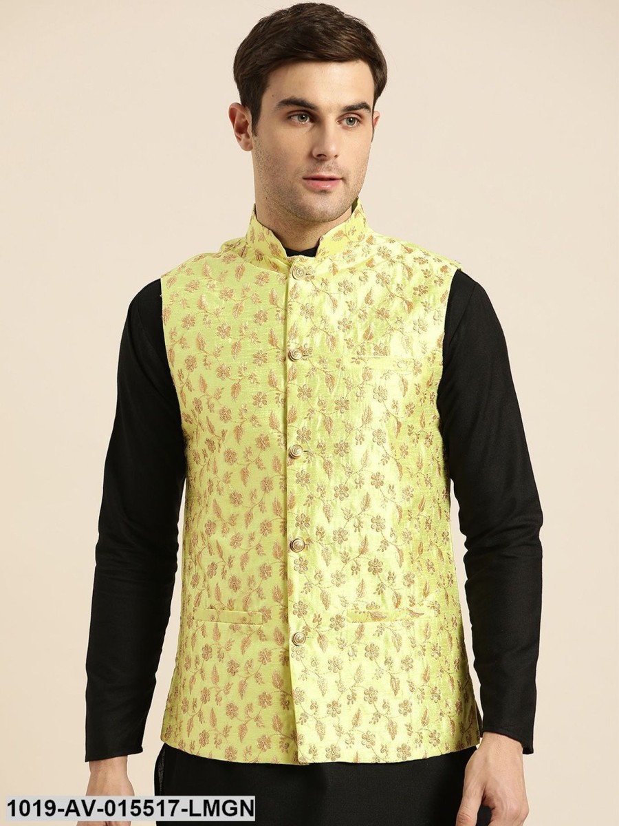 Men Sojanya | Men'S Silk Blend Lime Green U0026 Gold Embroidered Nehru Jacket - Sojanya