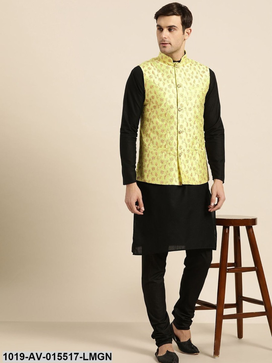 Men Sojanya | Men'S Silk Blend Lime Green U0026 Gold Embroidered Nehru Jacket - Sojanya