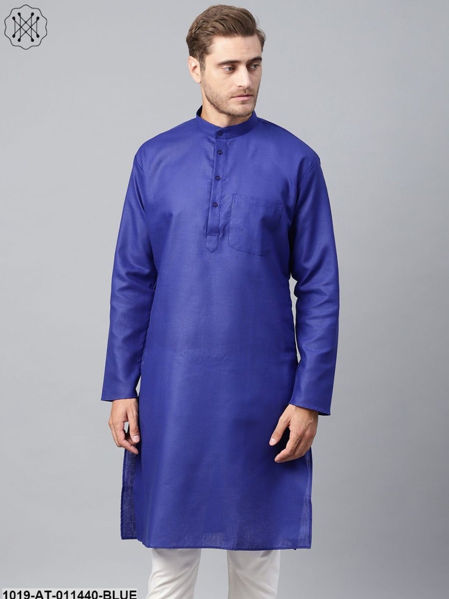 Men Sojanya | Men'S Cotton Linen Blend Royal Blue Solid Only Long Kurta - Sojanya