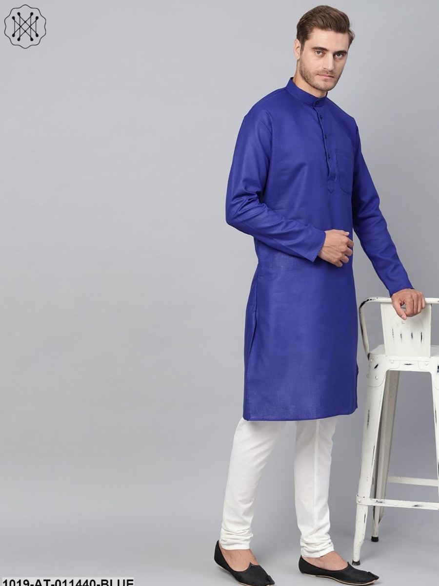 Men Sojanya | Men'S Cotton Linen Blend Royal Blue Solid Only Long Kurta - Sojanya