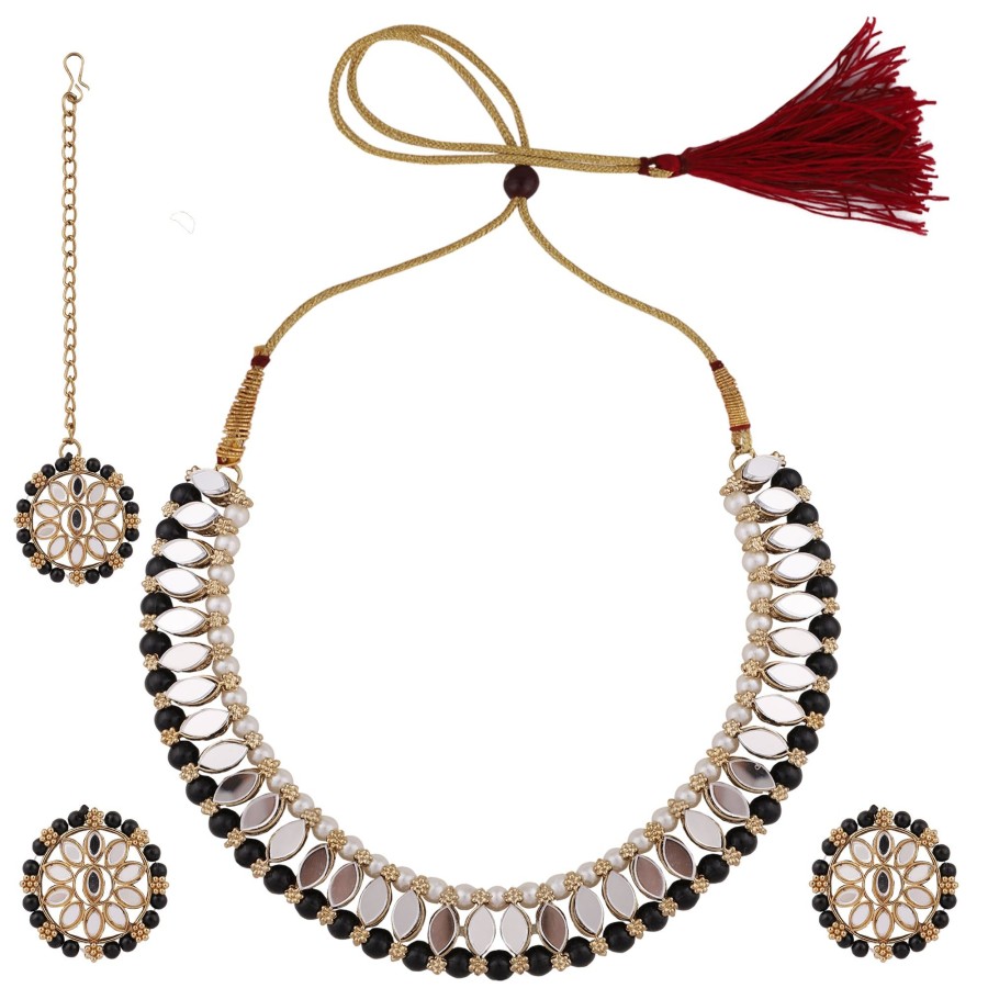 Jewellery Zaffre Collections | Women'S Stylish Mirror And Pearl Choker Set With Maang Tikka - Zaffre Collections Black