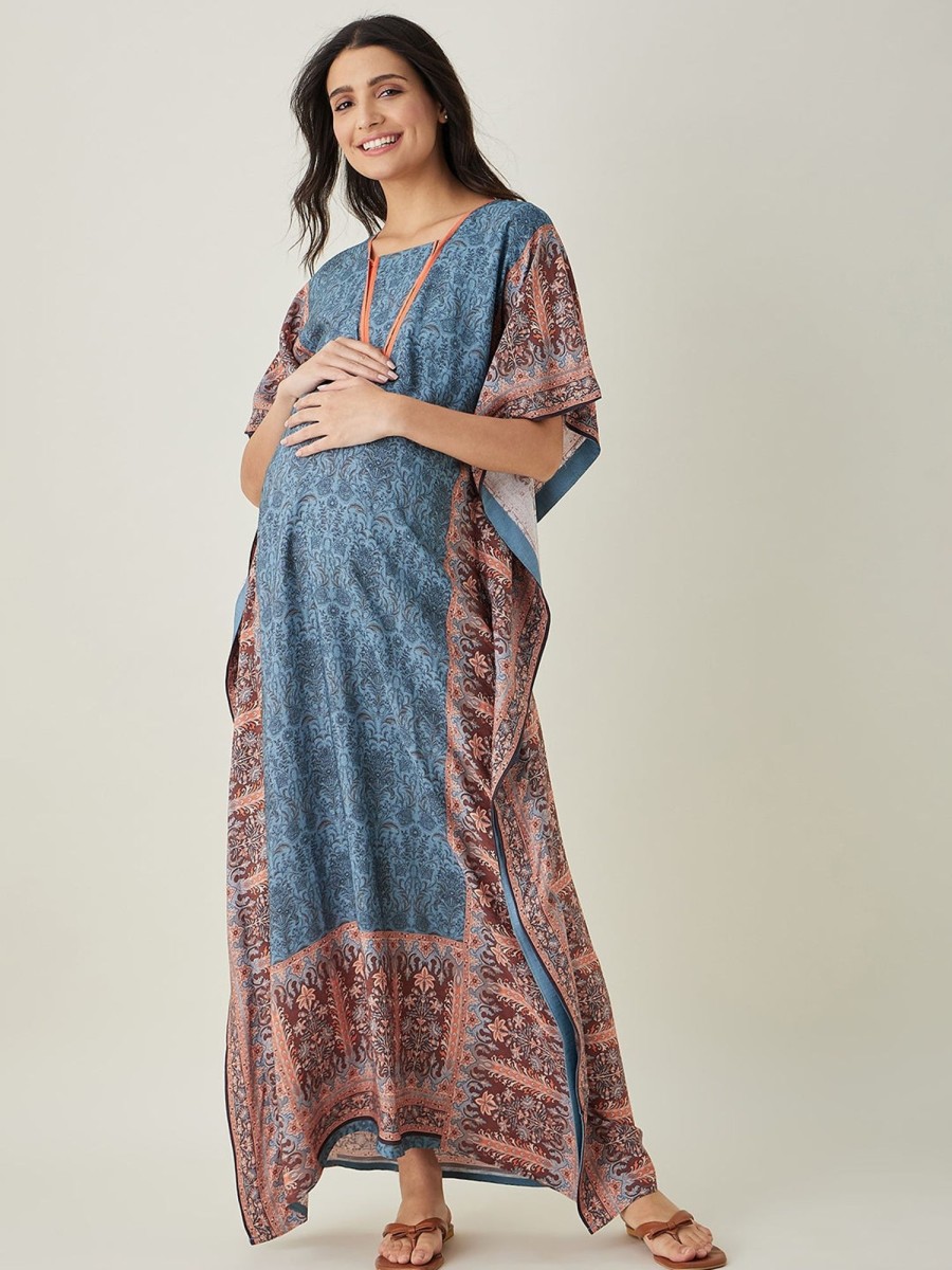 Women The Kaftan Company | Women'S Geometric Bloom Maternity U0026 Nursing Kaftan - The Kaftan Company Blue