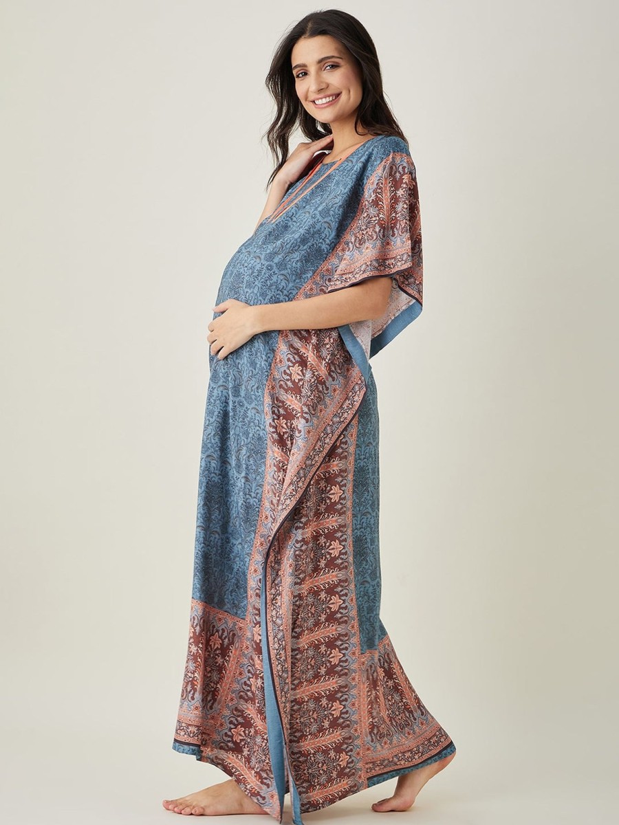 Women The Kaftan Company | Women'S Geometric Bloom Maternity U0026 Nursing Kaftan - The Kaftan Company Blue