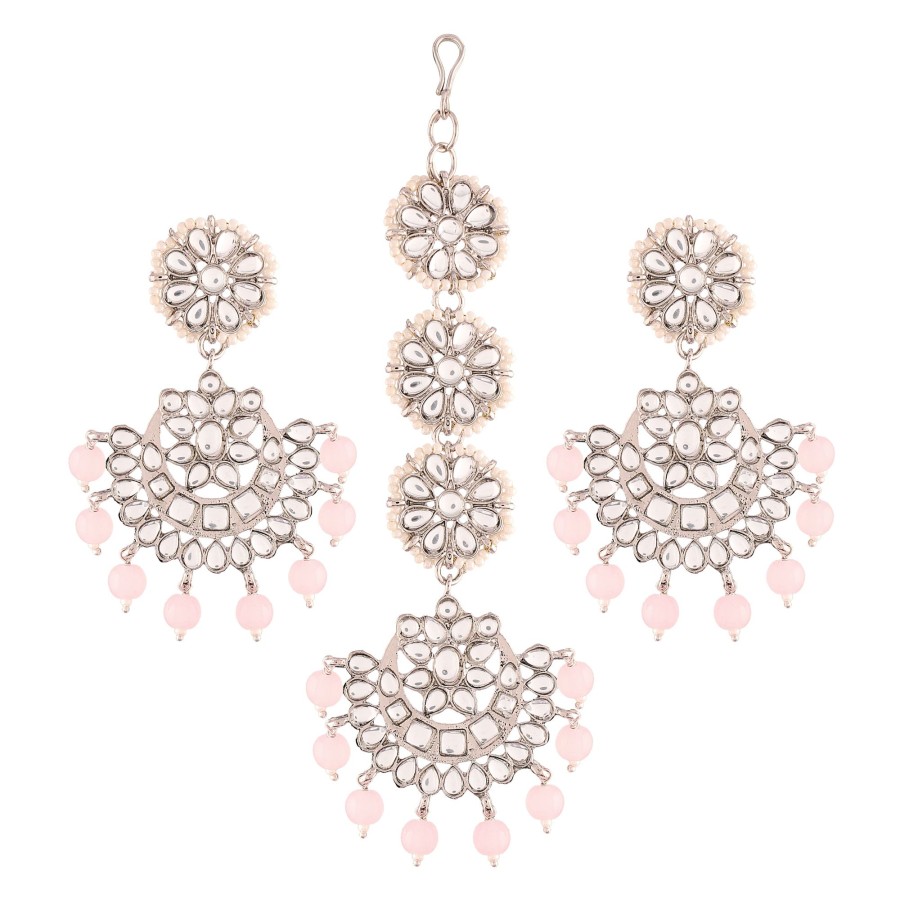 Jewellery I Jewels | Women'S Traditional Handcrafted Kundan U0026 Pearl Earrings With Maangtikka - I Jewels Pink