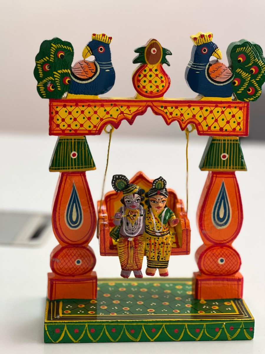 Others Kondapalli Toys | Wooden Radha Krishna Swing Temple Decor - Kondapalli Toys