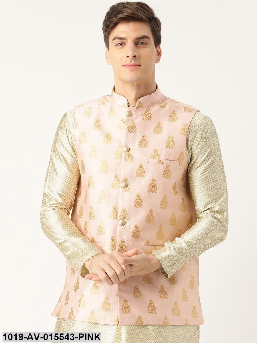 Men Sojanya | Men'S Silk Blend Pink U0026 Gold Self Design Nehru Jacket - Sojanya