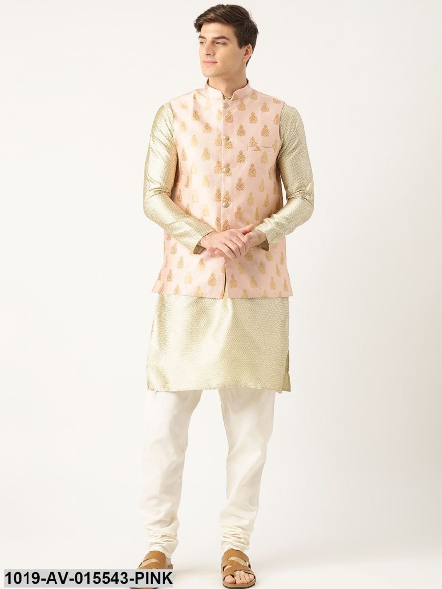 Men Sojanya | Men'S Silk Blend Pink U0026 Gold Self Design Nehru Jacket - Sojanya