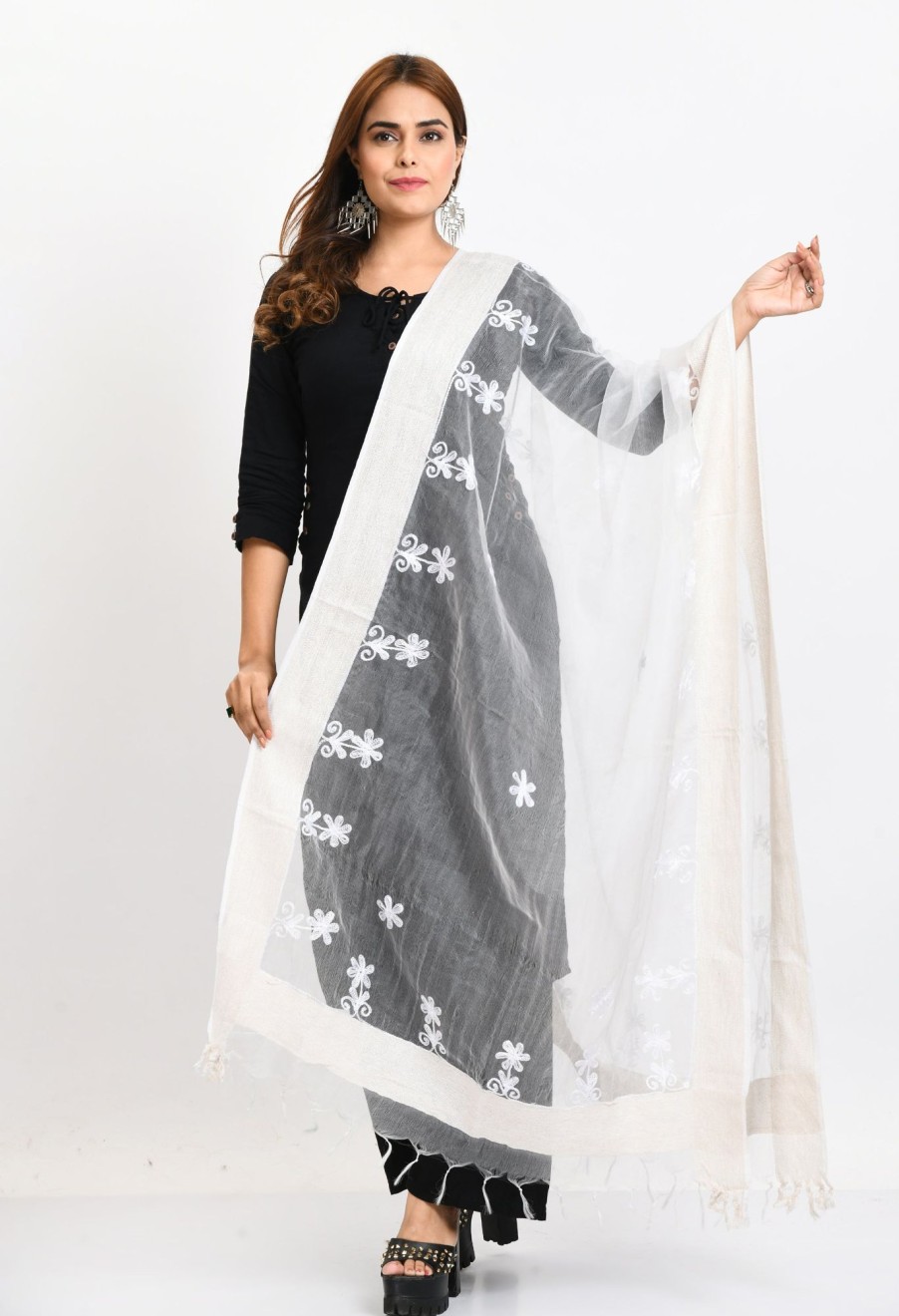 Women Moeza | Women'S Orgenza All Over Chikan Work Dupatta - Moeza White