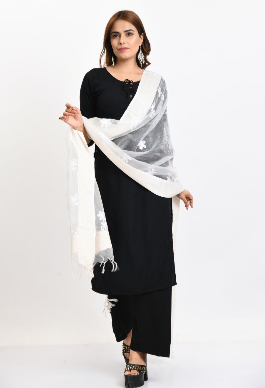 Women Moeza | Women'S Orgenza All Over Chikan Work Dupatta - Moeza White