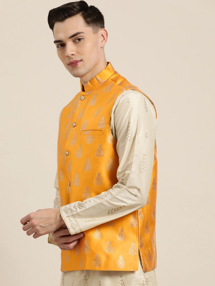 Men Sojanya | Men'S Silk Blend U0026 Gold Self Design Only Nehrujacket - Sojanya Mustard