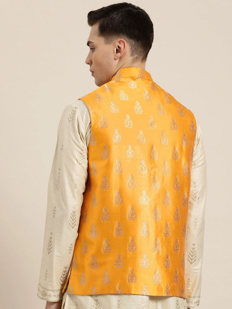 Men Sojanya | Men'S Silk Blend U0026 Gold Self Design Only Nehrujacket - Sojanya Mustard